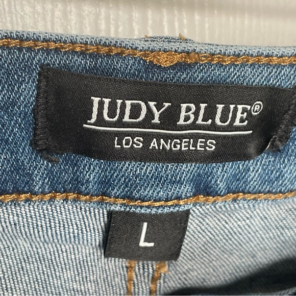 Judy Blue Hi Waist Distressed Stretch Jean Raw Hem Shorts JB1555 Medium Blue L - Picture 11 of 13